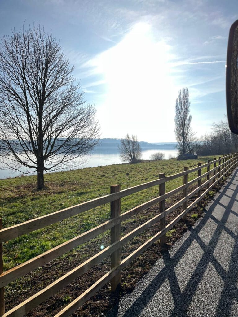 A sunlit road runs alongside a wooden fence, freshly installed with bespoke railings, and a grassy field with bare trees. A large body of water and distant hills are visible under a clear sky, with the sun shining brightly in the background.