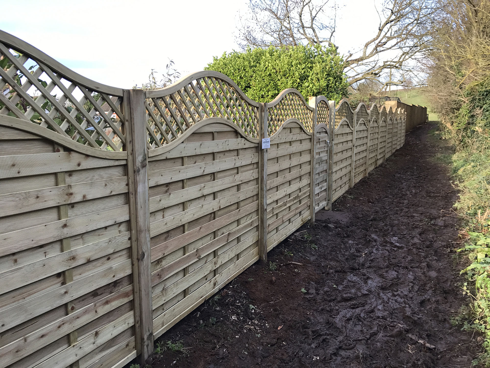 A long wooden fence with an arched lattice top runs alongside a muddy path, hinting at recent fencing installation. The fence is bordered by overgrown shrubs and trees on one side, under an overcast sky.